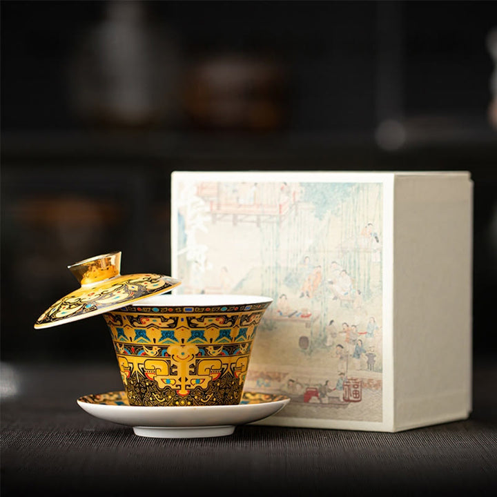 Buddha Stones, Thangka, Drachen-Buddhas, Dunhuang, Keramik, Gaiwan, Sancai, Kung-Fu-Teetasse und Untertasse mit Deckel, Geschenkbox, 180 ml