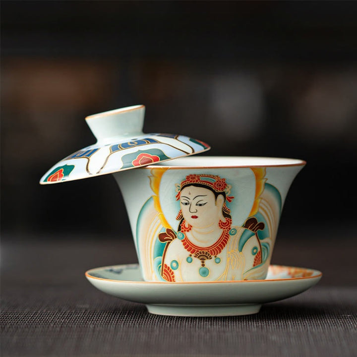 Buddha Stones, Thangka, Drachen-Buddhas, Dunhuang, Keramik, Gaiwan, Sancai, Kung-Fu-Teetasse und Untertasse mit Deckel, Geschenkbox, 180 ml
