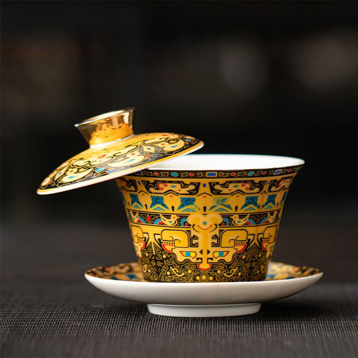 Buddha Stones, Thangka, Drachen-Buddhas, Dunhuang, Keramik, Gaiwan, Sancai, Kung-Fu-Teetasse und Untertasse mit Deckel, Geschenkbox, 180 ml