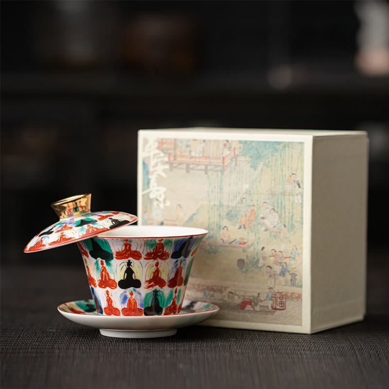 Buddha Stones, Thangka, Drachen-Buddhas, Dunhuang, Keramik, Gaiwan, Sancai, Kung-Fu-Teetasse und Untertasse mit Deckel, Geschenkbox, 180 ml