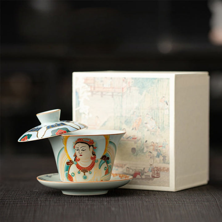 Buddha Stones, Thangka, Drachen-Buddhas, Dunhuang, Keramik, Gaiwan, Sancai, Kung-Fu-Teetasse und Untertasse mit Deckel, Geschenkbox, 180 ml