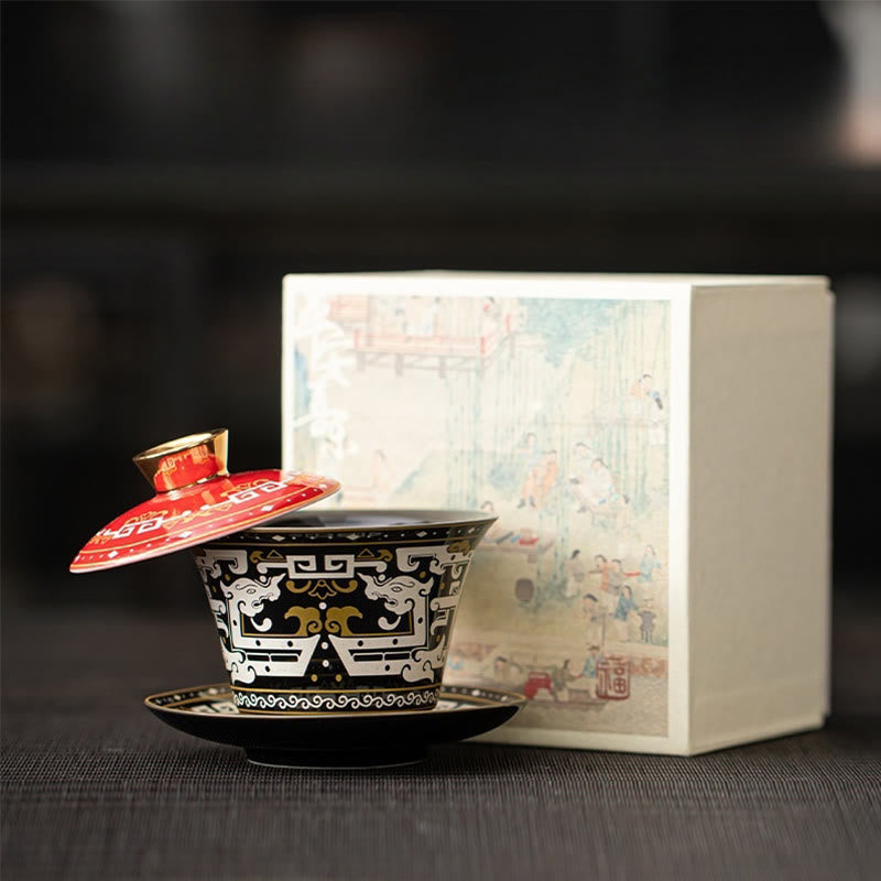 Buddha Stones, Thangka, Drachen-Buddhas, Dunhuang, Keramik, Gaiwan, Sancai, Kung-Fu-Teetasse und Untertasse mit Deckel, Geschenkbox, 180 ml