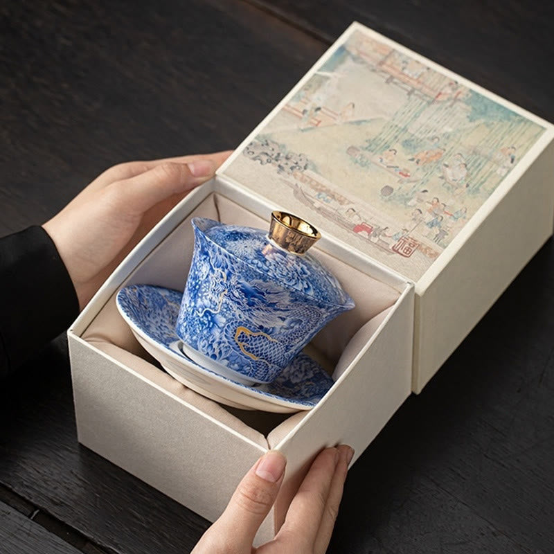 Buddha Stones, Thangka, Drachen-Buddhas, Dunhuang, Keramik, Gaiwan, Sancai, Kung-Fu-Teetasse und Untertasse mit Deckel, Geschenkbox, 180 ml