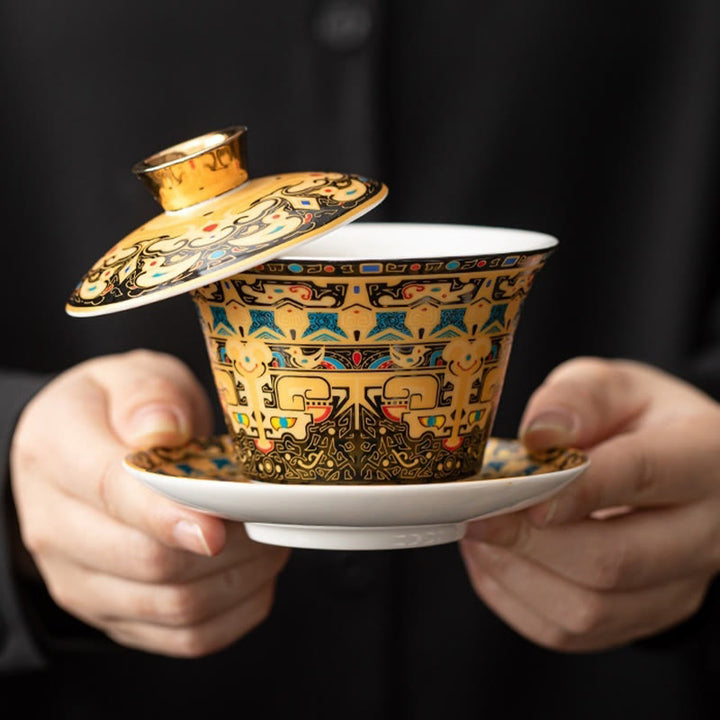 Buddha Stones, Thangka, Drachen-Buddhas, Dunhuang, Keramik, Gaiwan, Sancai, Kung-Fu-Teetasse und Untertasse mit Deckel, Geschenkbox, 180 ml