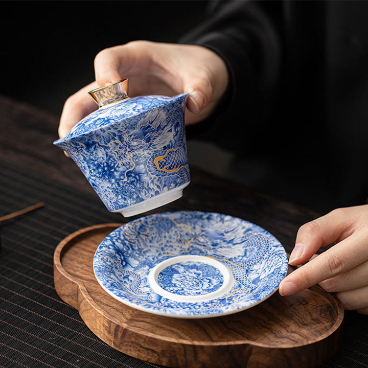 Buddha Stones, Thangka, Drachen-Buddhas, Dunhuang, Keramik, Gaiwan, Sancai, Kung-Fu-Teetasse und Untertasse mit Deckel, Geschenkbox, 180 ml