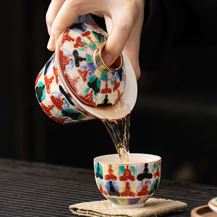 Buddha Stones, Thangka, Drachen-Buddhas, Dunhuang, Keramik, Gaiwan, Sancai, Kung-Fu-Teetasse und Untertasse mit Deckel, Geschenkbox, 180 ml