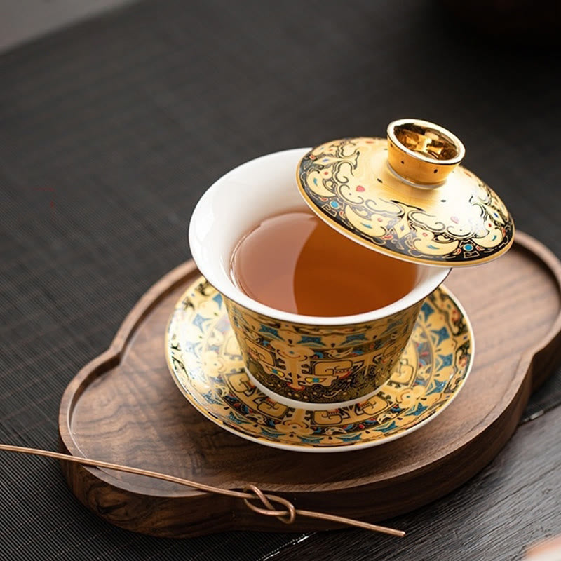 Buddha Stones, Thangka, Drachen-Buddhas, Dunhuang, Keramik, Gaiwan, Sancai, Kung-Fu-Teetasse und Untertasse mit Deckel, Geschenkbox, 180 ml