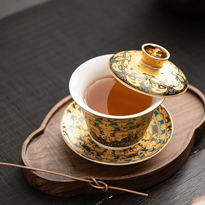 Buddha Stones, Thangka, Drachen-Buddhas, Dunhuang, Keramik, Gaiwan, Sancai, Kung-Fu-Teetasse und Untertasse mit Deckel, Geschenkbox, 180 ml