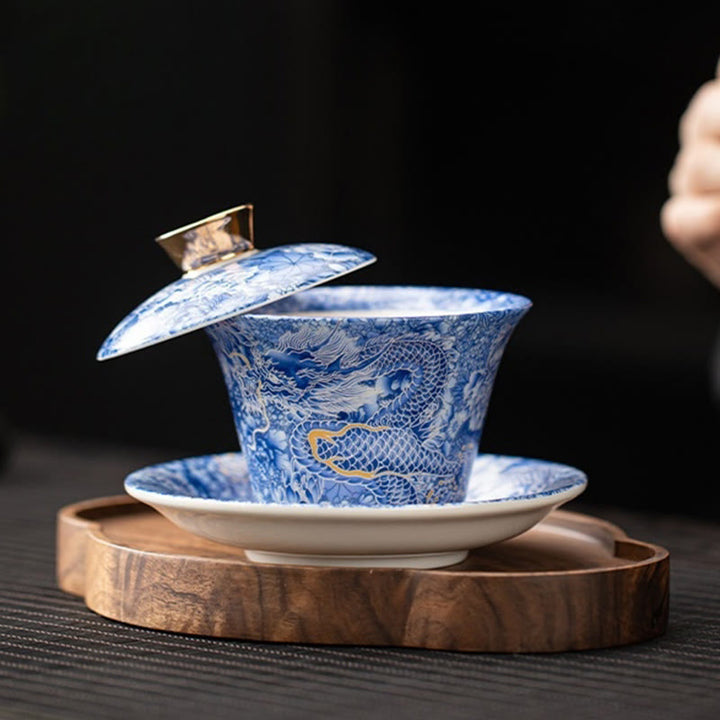 Buddha Stones, Thangka, Drachen-Buddhas, Dunhuang, Keramik, Gaiwan, Sancai, Kung-Fu-Teetasse und Untertasse mit Deckel, Geschenkbox, 180 ml
