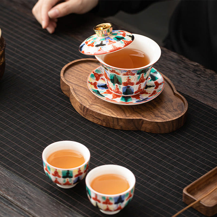 Buddha Stones, Thangka, Drachen-Buddhas, Dunhuang, Keramik, Gaiwan, Sancai, Kung-Fu-Teetasse und Untertasse mit Deckel, Geschenkbox, 180 ml