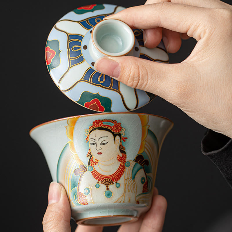 Buddha Stones, Thangka, Drachen-Buddhas, Dunhuang, Keramik, Gaiwan, Sancai, Kung-Fu-Teetasse und Untertasse mit Deckel, Geschenkbox, 180 ml