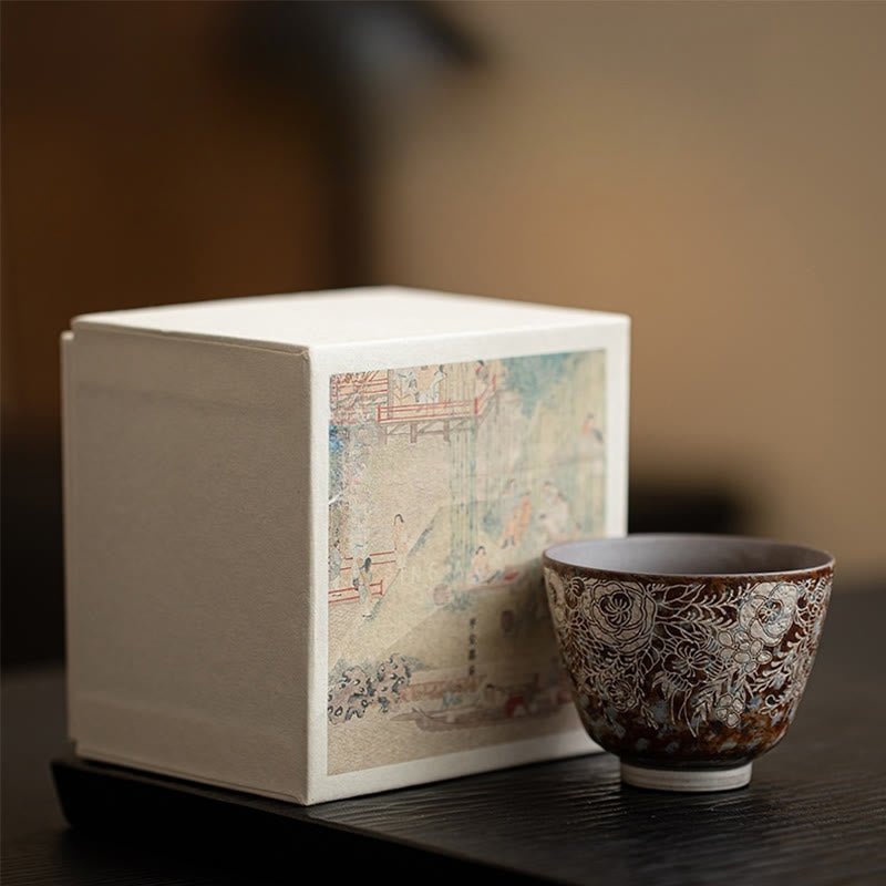 Buddha Stones Teetasse mit braunen Blumen in voller Blüte, Kung-Fu-Teetasse, 100 ml, mit Geschenkbox