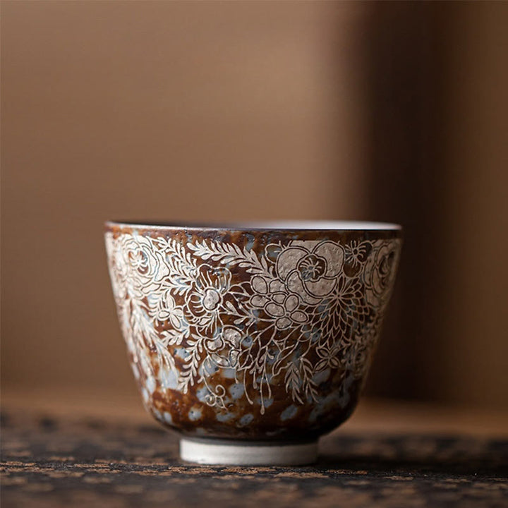 Buddha Stones Teetasse mit braunen Blumen in voller Blüte, Kung-Fu-Teetasse, 100 ml, mit Geschenkbox