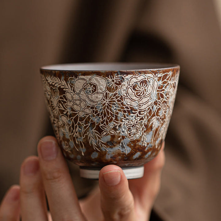 Buddha Stones Teetasse mit braunen Blumen in voller Blüte, Kung-Fu-Teetasse, 100 ml, mit Geschenkbox