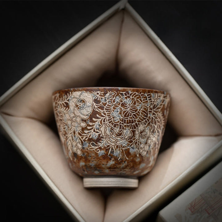 Buddha Stones Teetasse mit braunen Blumen in voller Blüte, Kung-Fu-Teetasse, 100 ml, mit Geschenkbox