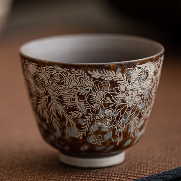 Buddha Stones Teetasse mit braunen Blumen in voller Blüte, Kung-Fu-Teetasse, 100 ml, mit Geschenkbox