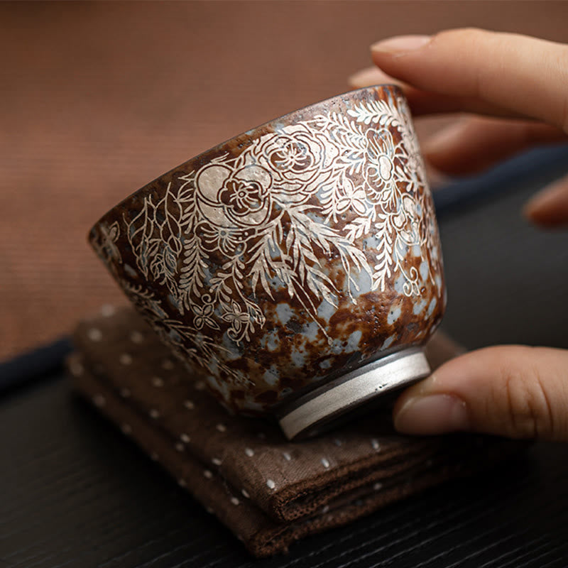 Buddha Stones Teetasse mit braunen Blumen in voller Blüte, Kung-Fu-Teetasse, 100 ml, mit Geschenkbox
