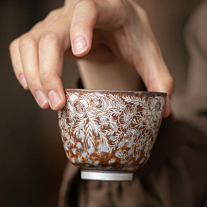 Buddha Stones Teetasse mit braunen Blumen in voller Blüte, Kung-Fu-Teetasse, 100 ml, mit Geschenkbox