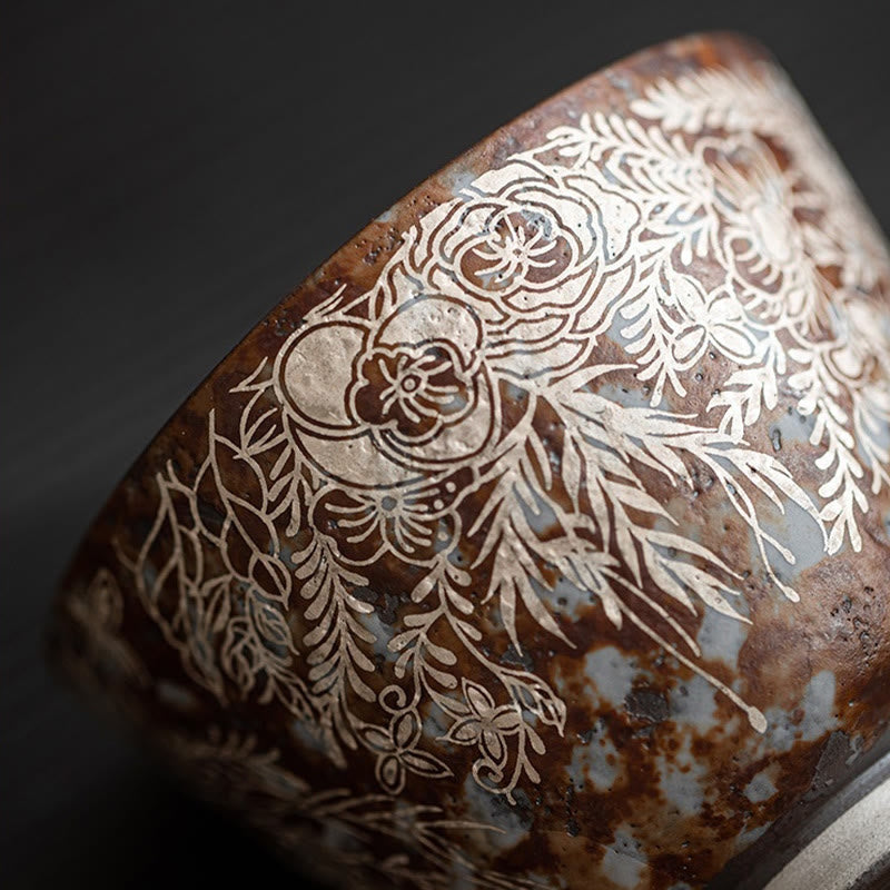 Buddha Stones Teetasse mit braunen Blumen in voller Blüte, Kung-Fu-Teetasse, 100 ml, mit Geschenkbox