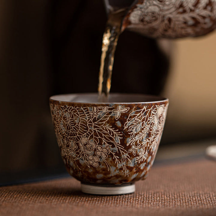 Buddha Stones Teetasse mit braunen Blumen in voller Blüte, Kung-Fu-Teetasse, 100 ml, mit Geschenkbox