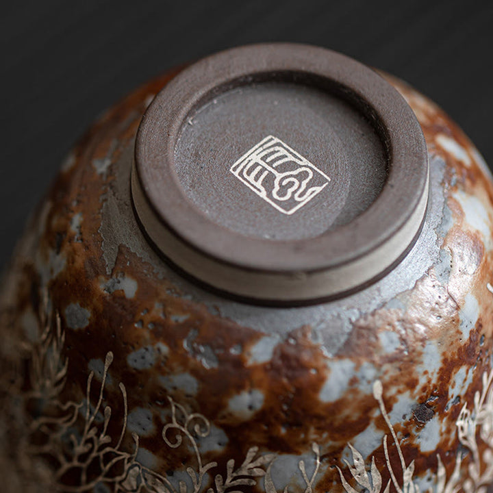 Buddha Stones Teetasse mit braunen Blumen in voller Blüte, Kung-Fu-Teetasse, 100 ml, mit Geschenkbox