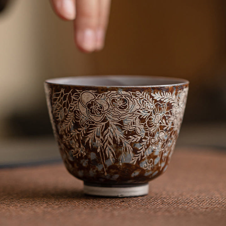 Buddha Stones Teetasse mit braunen Blumen in voller Blüte, Kung-Fu-Teetasse, 100 ml, mit Geschenkbox