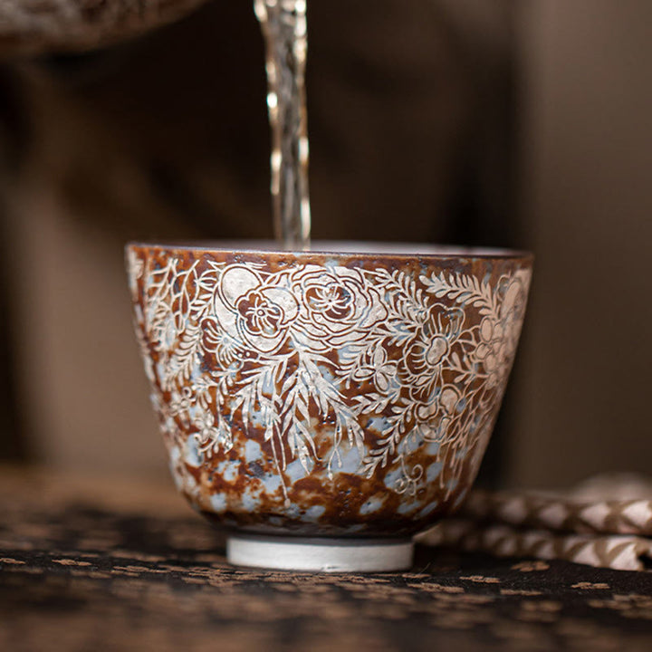 Buddha Stones Teetasse mit braunen Blumen in voller Blüte, Kung-Fu-Teetasse, 100 ml, mit Geschenkbox