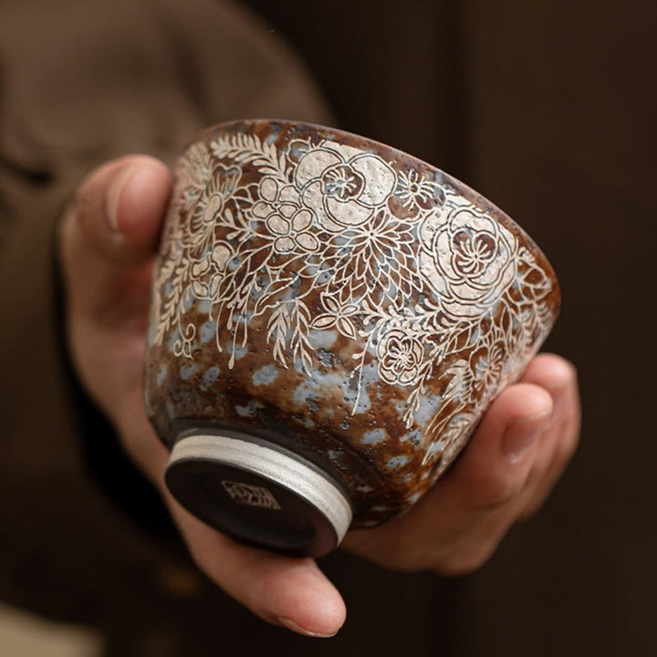 Buddha Stones Teetasse mit braunen Blumen in voller Blüte, Kung-Fu-Teetasse, 100 ml, mit Geschenkbox
