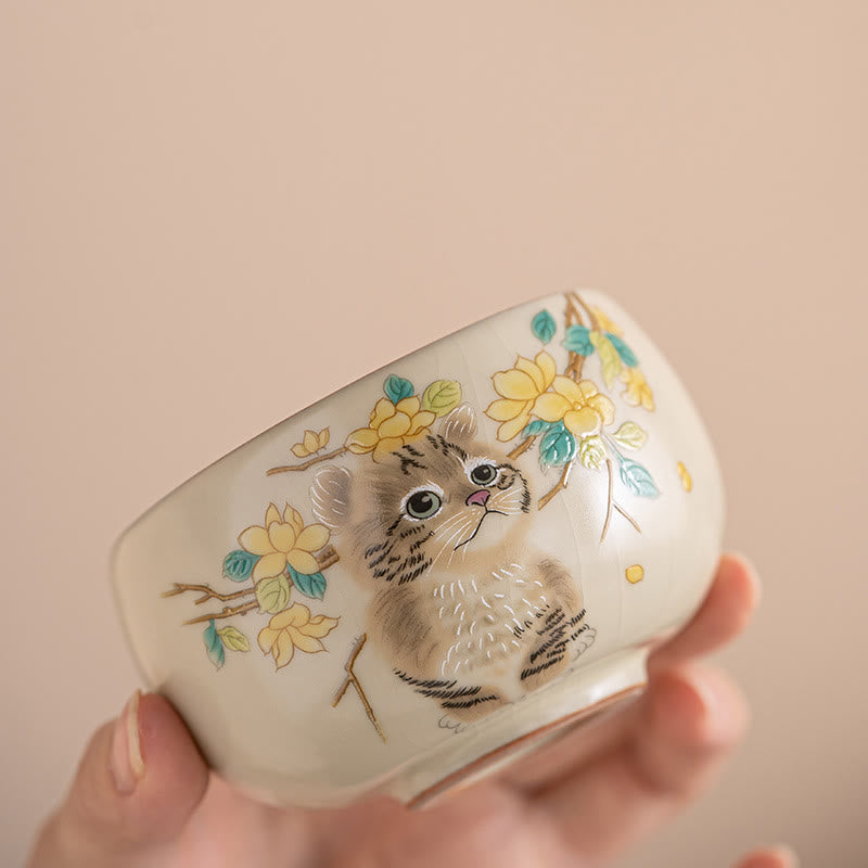 Buddha Stones ​​Nette Katze Gelb Blumen Kaninchen Teetasse Kung Fu Teetasse - image 2