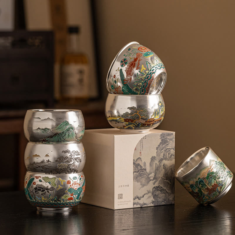 Buddha Stones, Fisch, Lotus, Seetang, Tal, Berge, Kiefer, Drachen-Teetasse, Kung-Fu-Teetasse mit Geschenkbox