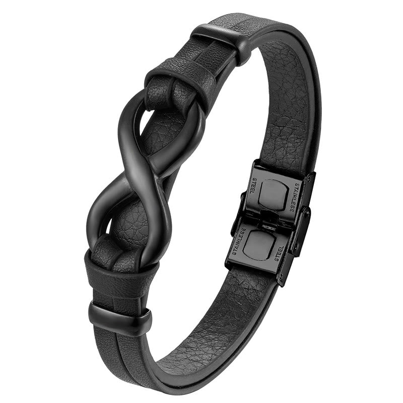Buddha Stones Endless Knot Titanstahl Armband mit verstärkter Lederschnalle