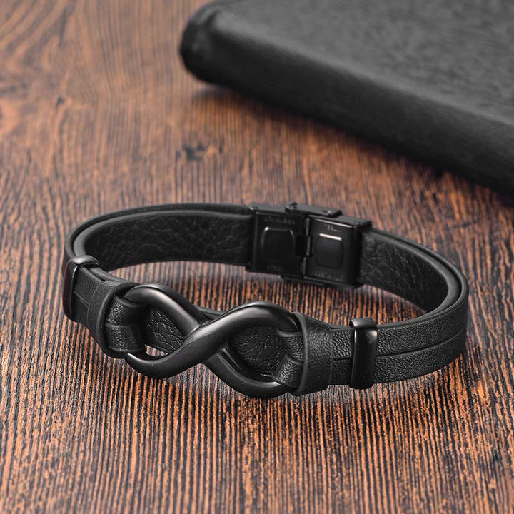 Buddha Stones Endless Knot Titanstahl Armband mit verstärkter Lederschnalle