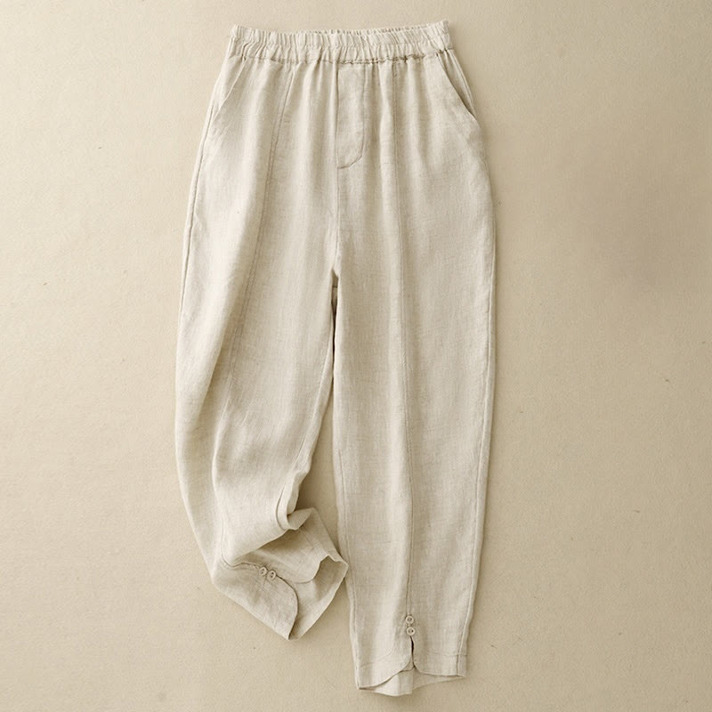 Buddha Stones Sommer-Haremshose aus Baumwolle und Leinen mit seitlichen Knöpfen und Taschen - Beige - US 8-10, UK/AU 12-14, EU 40-42 (2XL) - image 4