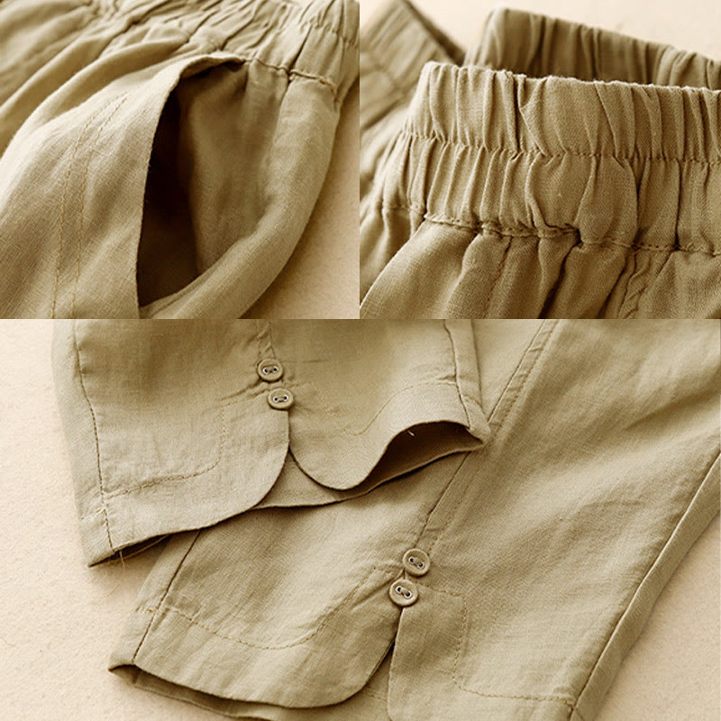 Buddha Stones Sommer-Haremshose aus Baumwolle und Leinen mit seitlichen Knöpfen und Taschen - image 3