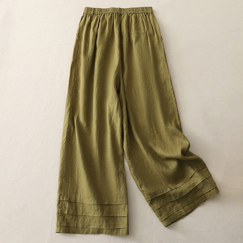 Buddha Stones Vintage-Hose aus Baumwolle und Leinen mit weitem Bein und Taschen, einfarbig, mit plissiertem Bündchen