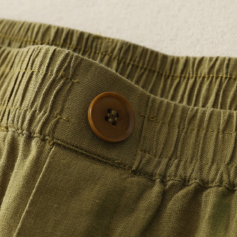 Buddha Stones Vintage-Hose aus Baumwolle und Leinen mit weitem Bein und Taschen, einfarbig, mit plissiertem Bündchen