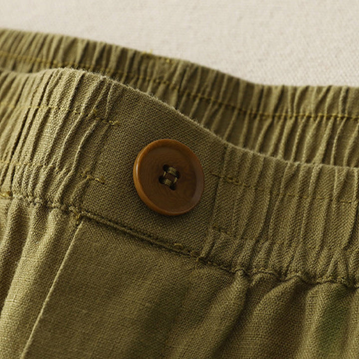 Buddha Stones Vintage-Hose aus Baumwolle und Leinen mit weitem Bein und Taschen, einfarbig, mit plissiertem Bündchen