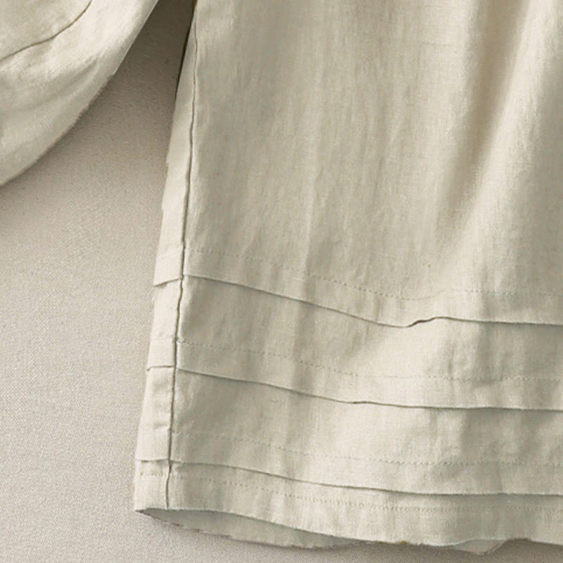 Buddha Stones Vintage-Hose aus Baumwolle und Leinen mit weitem Bein und Taschen, einfarbig, mit plissiertem Bündchen - image 5