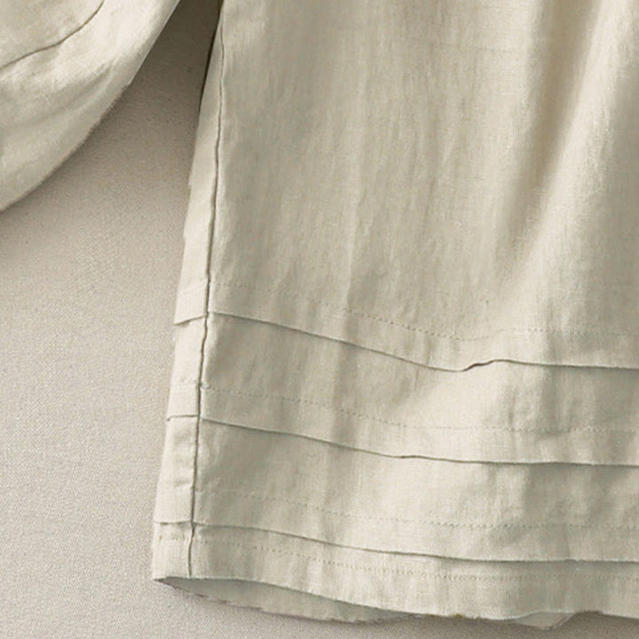 Buddha Stones Vintage-Hose aus Baumwolle und Leinen mit weitem Bein und Taschen, einfarbig, mit plissiertem Bündchen - image 5