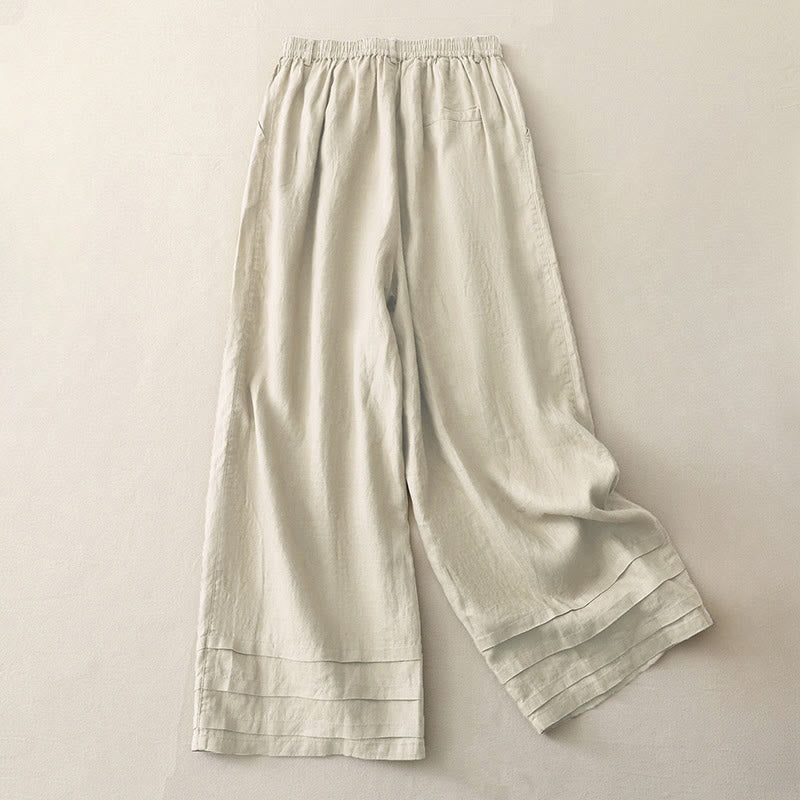 Buddha Stones Vintage-Hose aus Baumwolle und Leinen mit weitem Bein und Taschen, einfarbig, mit plissiertem Bündchen