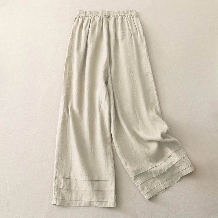 Buddha Stones Vintage-Hose aus Baumwolle und Leinen mit weitem Bein und Taschen, einfarbig, mit plissiertem Bündchen