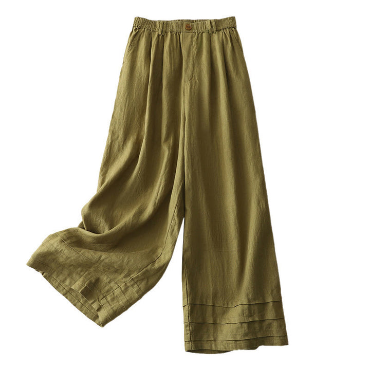Buddha Stones Vintage-Hose aus Baumwolle und Leinen mit weitem Bein und Taschen, einfarbig, mit plissiertem Bündchen