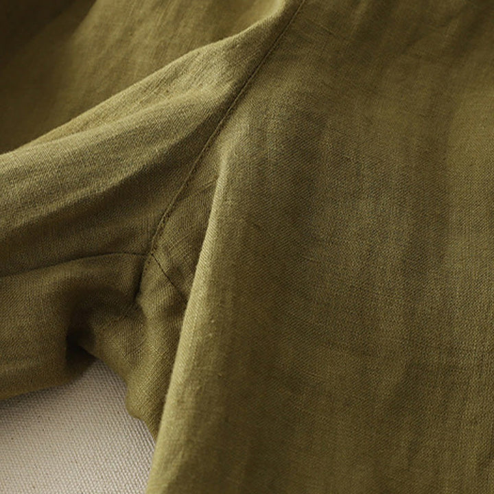 Buddha Stones Vintage-Hose aus Baumwolle und Leinen mit weitem Bein und Taschen, einfarbig, mit plissiertem Bündchen - image 14