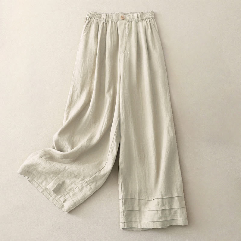 Buddha Stones Vintage-Hose aus Baumwolle und Leinen mit weitem Bein und Taschen, einfarbig, mit plissiertem Bündchen - Leinen - US8-10， UK/AU12-14，EU40-42 (2XL) - image 0