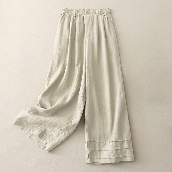 Buddha Stones Vintage-Hose aus Baumwolle und Leinen mit weitem Bein und Taschen, einfarbig, mit plissiertem Bündchen