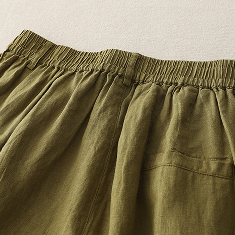 Buddha Stones Vintage-Hose aus Baumwolle und Leinen mit weitem Bein und Taschen, einfarbig, mit plissiertem Bündchen - image 10