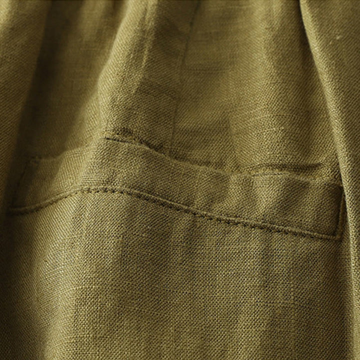 Buddha Stones Vintage-Hose aus Baumwolle und Leinen mit weitem Bein und Taschen, einfarbig, mit plissiertem Bündchen - image 13