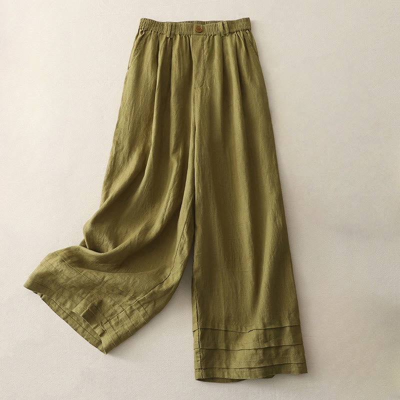 Buddha Stones Vintage-Hose aus Baumwolle und Leinen mit weitem Bein und Taschen, einfarbig, mit plissiertem Bündchen