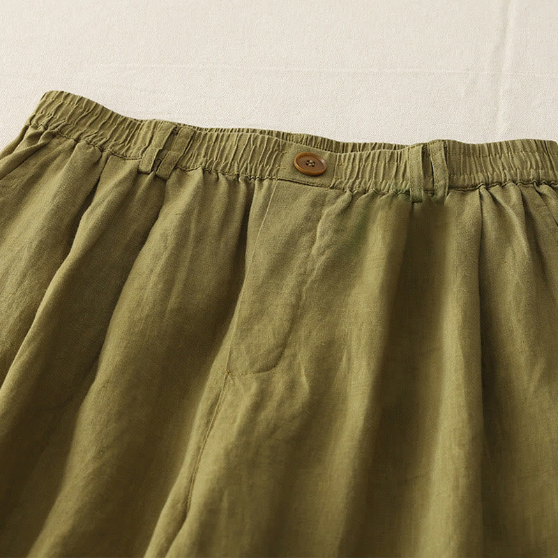 Buddha Stones Vintage-Hose aus Baumwolle und Leinen mit weitem Bein und Taschen, einfarbig, mit plissiertem Bündchen
