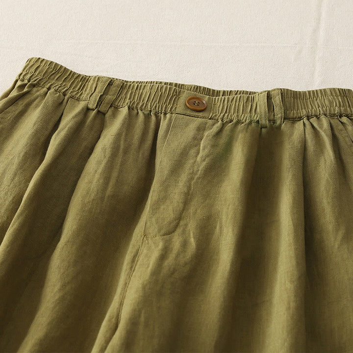 Buddha Stones Vintage-Hose aus Baumwolle und Leinen mit weitem Bein und Taschen, einfarbig, mit plissiertem Bündchen